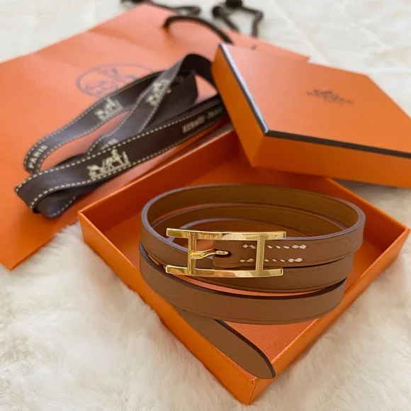 Like New Hermes Brown Leather Bracelet with Orange Box Hermes Orange Box PHW Kelly Double Tour Bracelet S | Jadore  main image 3
